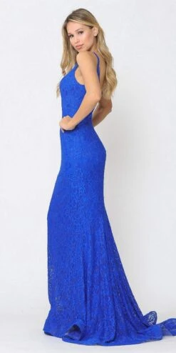 Poly USA | Ed Young 8590 Beaded Lace Mermaid Style Long Dress(Beaded Lace Mermaid Style Long Prom Dress Black) -Dress Promotion Store 8590 poly usa royal blue side