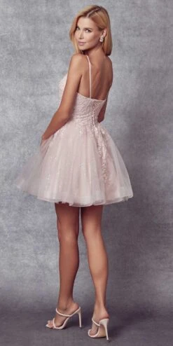 Juliet 859 Short Floral Applique Glitter Tulle A-Line Dress(Juliet 859 Short Floral Applique Glitter Tulle A Line Dress) -Dress Promotion Store 859 Blush Back 1