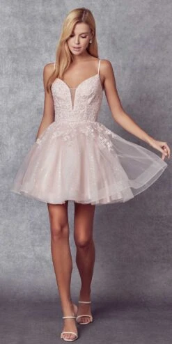 Juliet 859 Short Floral Applique Glitter Tulle A-Line Dress(Juliet 859 Short Floral Applique Glitter Tulle A Line Dress) -Dress Promotion Store 859 Blush Front 1