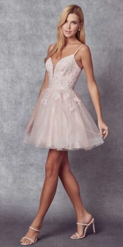 Juliet 859 Short Floral Applique Glitter Tulle A-Line Dress(Juliet 859 Short Floral Applique Glitter Tulle A Line Dress) -Dress Promotion Store 859 Blush Side 1