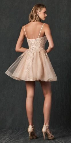 Juliet 859 Short Floral Applique Glitter Tulle A-Line Dress(Juliet 859 Short Floral Applique Glitter Tulle A Line Dress) -Dress Promotion Store 859 Chamapagne Back