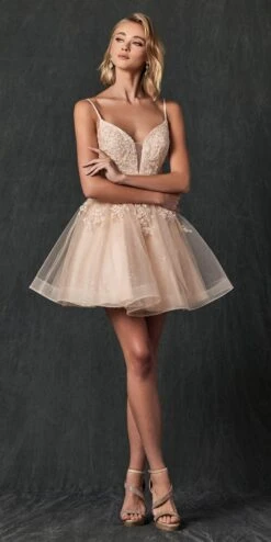 Juliet 859 Short Floral Applique Glitter Tulle A-Line Dress(Juliet 859 Short Floral Applique Glitter Tulle A Line Dress) -Dress Promotion Store 859 Chamapagne Front