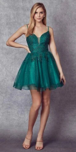 Juliet 859 Short Floral Applique Glitter Tulle A-Line Dress(Juliet 859 Short Floral Applique Glitter Tulle A Line Dress) -Dress Promotion Store 859 Green Front 1