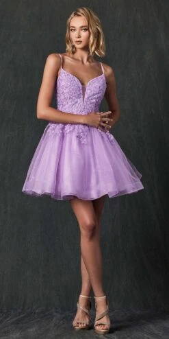 Juliet 859 Short Floral Applique Glitter Tulle A-Line Dress(Juliet 859 Short Floral Applique Glitter Tulle A Line Dress) -Dress Promotion Store 859 Lilac Front