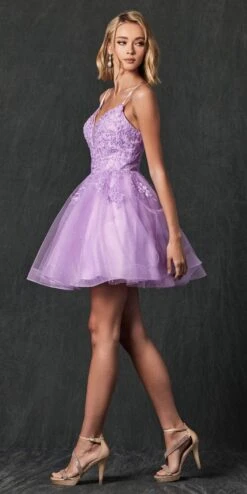 Juliet 859 Short Floral Applique Glitter Tulle A-Line Dress(Juliet 859 Short Floral Applique Glitter Tulle A Line Dress) -Dress Promotion Store 859 Lilac Side