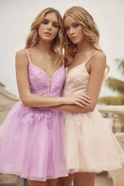 Juliet 859 Short Floral Applique Glitter Tulle A-Line Dress(Juliet 859 Short Floral Applique Glitter Tulle A Line Dress) -Dress Promotion Store 859 juliet lilac champagne