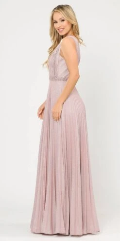 Poly USA | Ed Young 8600 Sleeveless Pleated Glitter Knit Long Dress Beaded Waist(Sleeveless Pleated Long Prom Dress Beaded Waist Black) -Dress Promotion Store 8600 poly usa rose gold back