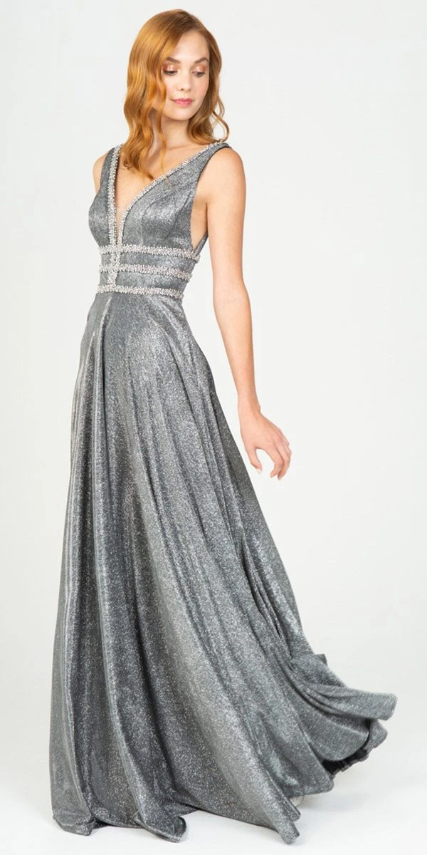 Eureka 8606 A-Line Metallic Long Dress With Pockets(Charcoal A Line Metallic Long Prom Dress With Pockets) 3 Eureka 8606 A-Line Metallic Long Dress With Pockets(Charcoal A Line Metallic Long Prom Dress With Pockets)