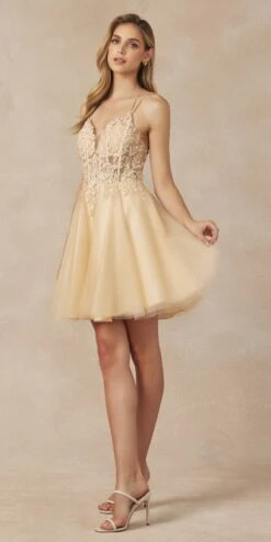 Juliet 864 Leaf Lace Embroidered Bodice Glitter Tulle Dress(Juliet 864 Leaf Lace Embroidered Bodice Glitter Tulle Dress) -Dress Promotion Store 864 champagne