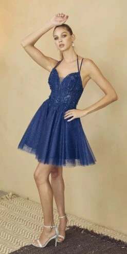 Juliet 864 Leaf Lace Embroidered Bodice Glitter Tulle Dress(Juliet 864 Leaf Lace Embroidered Bodice Glitter Tulle Dress) -Dress Promotion Store 864 navy2