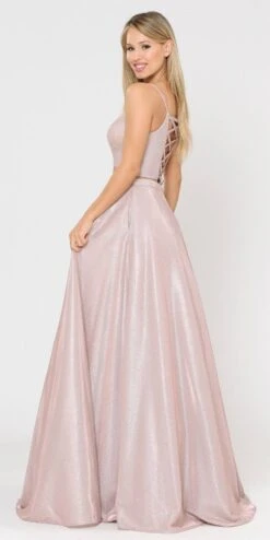 Poly USA | Ed Young 8676 Two-Piece Long Dress Lace-Up Back With Pockets(Blue Two Piece Long Prom Dress Lace Upbacnk) -Dress Promotion Store 8676 poly usa rose gold side