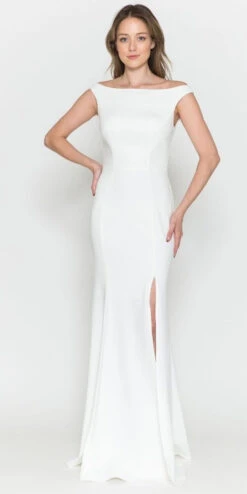 Poly USA | Ed Young 8724 Bateau Neckline Long Fitted Formal Gown(Bateau Neckline Long Fitted Formal Gown By Poly Usa 8724) -Dress Promotion Store 8724 OFF WHITE