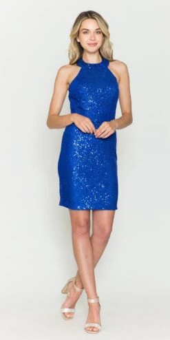Poly USA | Ed Young 8814 Short Sequin Halter Top Body Con Dress(Poly Usa 8814 Short Sequin Halter Top Body Con Dress) -Dress Promotion Store 8814ROYAL 4