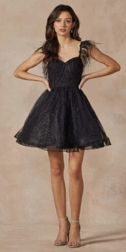 Juliet 881 Feather Straps Sheer Bodice Short A-line Tulle Dress(Juliet 881 Feather Straps Sheer Bodice Short A Line Tulle Dress) -Dress Promotion Store 881 black