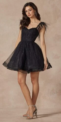 Juliet 881 Feather Straps Sheer Bodice Short A-line Tulle Dress(Juliet 881 Feather Straps Sheer Bodice Short A Line Tulle Dress) -Dress Promotion Store 881 black side