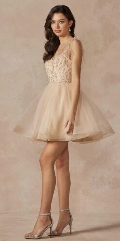 Juliet 881 Feather Straps Sheer Bodice Short A-line Tulle Dress(Juliet 881 Feather Straps Sheer Bodice Short A Line Tulle Dress) -Dress Promotion Store 881 champagne side