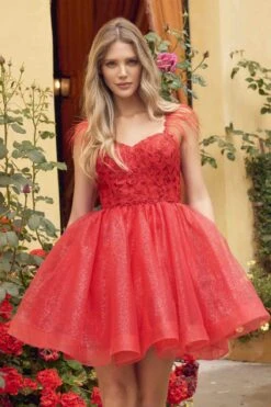 Juliet 881 Feather Straps Sheer Bodice Short A-line Tulle Dress(Juliet 881 Feather Straps Sheer Bodice Short A Line Tulle Dress) -Dress Promotion Store 881 juliet red zoom