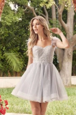 Juliet 881 Feather Straps Sheer Bodice Short A-line Tulle Dress(Juliet 881 Feather Straps Sheer Bodice Short A Line Tulle Dress) -Dress Promotion Store 881 juliet silver zoom