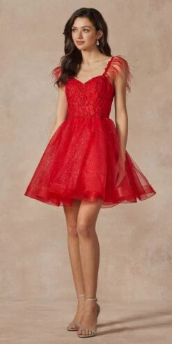 Juliet 881 Feather Straps Sheer Bodice Short A-line Tulle Dress(Juliet 881 Feather Straps Sheer Bodice Short A Line Tulle Dress) -Dress Promotion Store 881 red