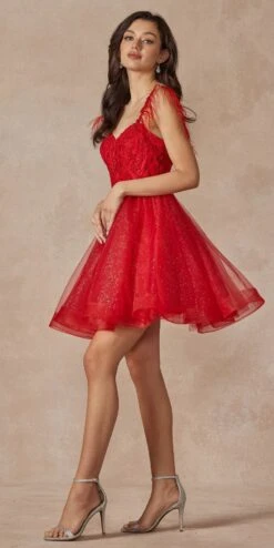 Juliet 881 Feather Straps Sheer Bodice Short A-line Tulle Dress(Juliet 881 Feather Straps Sheer Bodice Short A Line Tulle Dress) -Dress Promotion Store 881 red side