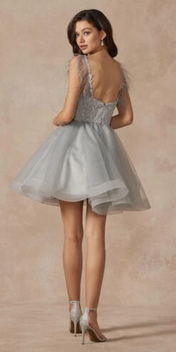 Juliet 881 Feather Straps Sheer Bodice Short A-line Tulle Dress(Juliet 881 Feather Straps Sheer Bodice Short A Line Tulle Dress) -Dress Promotion Store 881 silver back