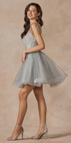 Juliet 881 Feather Straps Sheer Bodice Short A-line Tulle Dress(Juliet 881 Feather Straps Sheer Bodice Short A Line Tulle Dress) -Dress Promotion Store 881 silver side