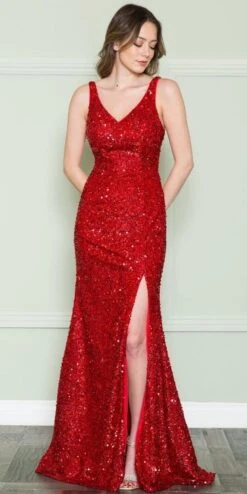 CLEARANCE - Poly USA | Ed Young 8872 V-Neck Floor Length Open Slit Sequin Dress (Size S)(Clearance Poly Usa Ed Young 8872 V Neck Floor Length Open Slit Sequin Dress Size S) -Dress Promotion Store 8872 RED 1