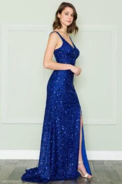 CLEARANCE - Poly USA | Ed Young 8872 V-Neck Floor Length Open Slit Sequin Dress (Size S)(Clearance Poly Usa Ed Young 8872 V Neck Floor Length Open Slit Sequin Dress Size S) -Dress Promotion Store 8872 ROYALSIDE 1
