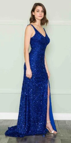CLEARANCE - Poly USA | Ed Young 8872 V-Neck Floor Length Open Slit Sequin Dress (Size S)(Clearance Poly Usa Ed Young 8872 V Neck Floor Length Open Slit Sequin Dress Size S) -Dress Promotion Store 8872Royal 13 1