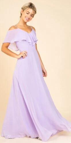 Eureka 8877 Ruffled Cold-Shoulder Long Chiffon A-Line Dress(Ruffled Cold Shoulder Long Bridesmaids Dress Lilac)