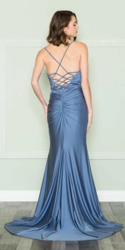 Poly USA | Ed Young 8896 Floor Length Front Slit Spaghetti Straps Spandex Shimmer Dress(Poly Usa 8896 Floor Length Front Slit Spaghetti Straps Spandex Shimmer Dress) -Dress Promotion Store 8896SmokyBlue 16