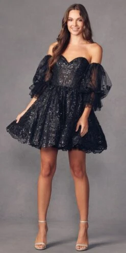 Juliet 895 Short A-Line Glitter Boned Dress Detachable Puff Sleeves(Juliet 895 Short A Line Glitter Boned Dress Detachable Puff Sleeves) -Dress Promotion Store 895 juliet black