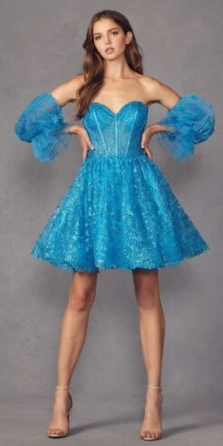 Juliet 895 Short A-Line Glitter Boned Dress Detachable Puff Sleeves(Juliet 895 Short A Line Glitter Boned Dress Detachable Puff Sleeves)