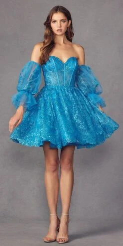 Juliet 895 Short A-Line Glitter Boned Dress Detachable Puff Sleeves(Juliet 895 Short A Line Glitter Boned Dress Detachable Puff Sleeves) -Dress Promotion Store 895 juliet ocean blue front