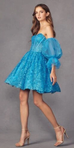 Juliet 895 Short A-Line Glitter Boned Dress Detachable Puff Sleeves(Juliet 895 Short A Line Glitter Boned Dress Detachable Puff Sleeves) -Dress Promotion Store 895 juliet ocean blue side