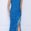 Poly USA | Ed Young 8984 Long One Shoulder Sequin Gown Fringe Leg Slit(Poly Usa 8984 Long One Shoulder Sequin Gown Fringe Leg Slit)