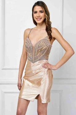 Amelia Couture 9061s Cocktail Dress Short Fitted Plunging Neckline(Amelia Couture 9061s Cocktail Dress Short Fitted Plunging Neckline) -Dress Promotion Store 9061sGOLD 6