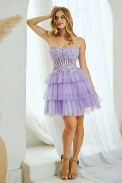 Amelia Couture 9066s Short A-Line Ruffled Layered Tulle Skirt Strapless Scoop(Amelia Couture 9066s Short A Line Ruffled Layered Tulle Skirt Strapless Scoop) -Dress Promotion Store 9066S LILAC 1