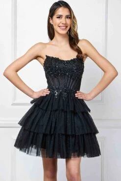 Amelia Couture 9066s Short A-Line Ruffled Layered Tulle Skirt Strapless Scoop(Amelia Couture 9066s Short A Line Ruffled Layered Tulle Skirt Strapless Scoop) -Dress Promotion Store 9066sBLACK 4