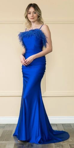 Poly USA | Ed Young 9070 Floor Length Span Jersey Gown With Feather Bodice(Poly Usa 9070 Floor Length Span Jersey Gown With Feather Bodice)