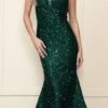 Poly USA | Ed Young 9108 Floor Length V-Neck Sequin Velvet Knit Gown(Poly Usa 9108 Floor Length V Neck Sequin Velvet Knit Gown) -Dress Promotion Store 9108 EMERALDFRONT