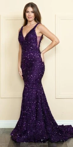 Poly USA | Ed Young 9108 Floor Length V-Neck Sequin Velvet Knit Gown(Poly Usa 9108 Floor Length V Neck Sequin Velvet Knit Gown) -Dress Promotion Store 9108Purple 35