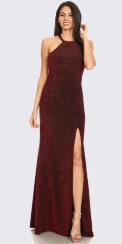 Eureka 9119 High-Neck Halter Glitter Long Formal Dress With Slit(High Neck Burgundy Glitter Long Formal Dress With Slit)