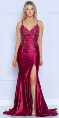 Poly USA | Ed Young 9142 Long Poly Span Jersey Embroidered Bodice Gown With Slit(Poly Usa 9142 Long Poly Span Jersey Embroidered Bodice Gown With Slit) -Dress Promotion Store 9142Wine 7