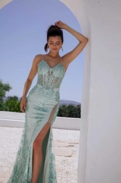 Eureka Fashion 9188 Long Fitted Open Boning Printed Floral Glitter Dress(Eureka Fashion 9188 Long Fitted Open Boning Printed Floral Glitter Dress) -Dress Promotion Store 9188SAGE