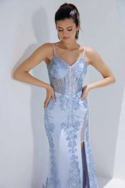 Eureka Fashion 9188 Long Fitted Open Boning Printed Floral Glitter Dress(Eureka Fashion 9188 Long Fitted Open Boning Printed Floral Glitter Dress) -Dress Promotion Store 9188STARRYBLUE