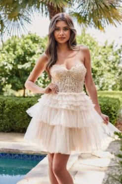 Juliet JT918A Dress Strapless Cocktail Leaf Lace Corset Bodice Ruffle Skirt(Juliet Jt918s Dress Strapless Cocktail Leaf Lace Corset Bodice Ruffle Skirt)