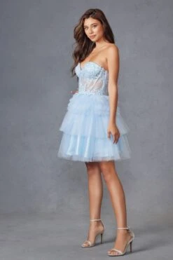 Juliet JT918A Dress Strapless Cocktail Leaf Lace Corset Bodice Ruffle Skirt(Juliet Jt918s Dress Strapless Cocktail Leaf Lace Corset Bodice Ruffle Skirt) -Dress Promotion Store 918SLIGHTBLUE 4