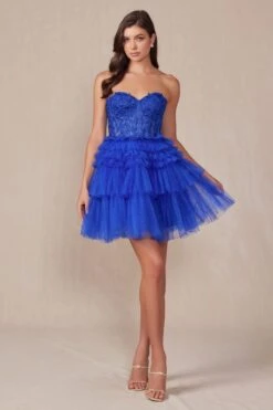 Juliet JT918A Dress Strapless Cocktail Leaf Lace Corset Bodice Ruffle Skirt(Juliet Jt918s Dress Strapless Cocktail Leaf Lace Corset Bodice Ruffle Skirt) -Dress Promotion Store 918SROYALBLUE 1