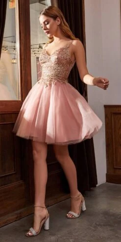 Cinderella Divine 9239 Short Poofy Layered A-Line Gown Tulle Skirt(Short Poofy Champagne Gold A Line Party Ball Gown Tulle Skirt) -Dress Promotion Store 9239 cinderella divine rose gold side